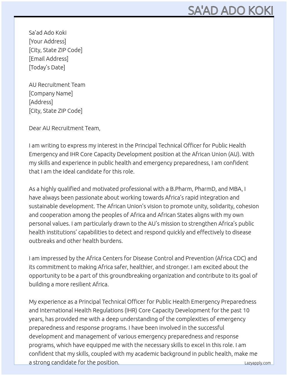 Cover letter for principal technical officer public health emergency and ihr core capacity development - LazyApply
