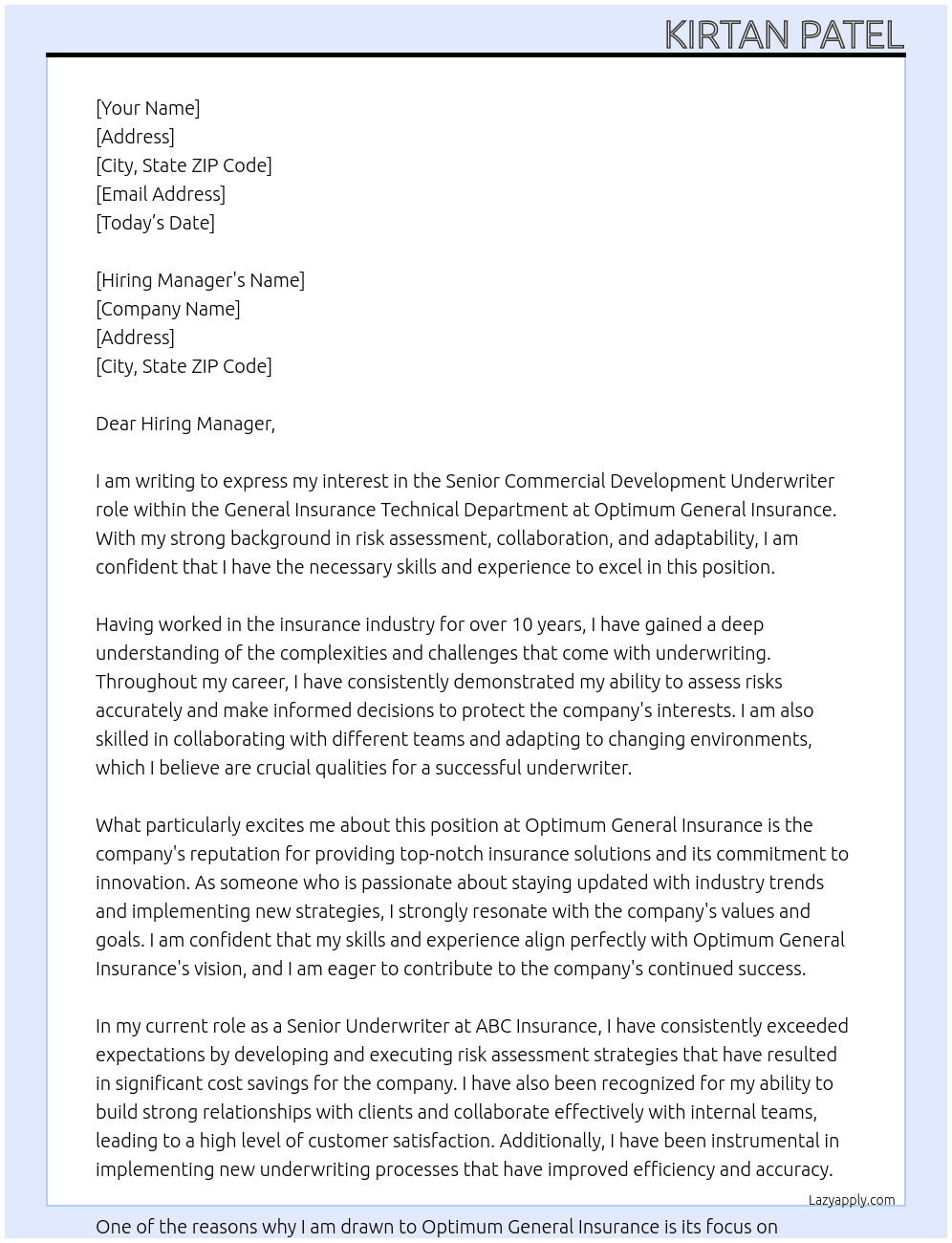 General Insurance Technical Deparatment At Optimum General Insurance Cover Letter