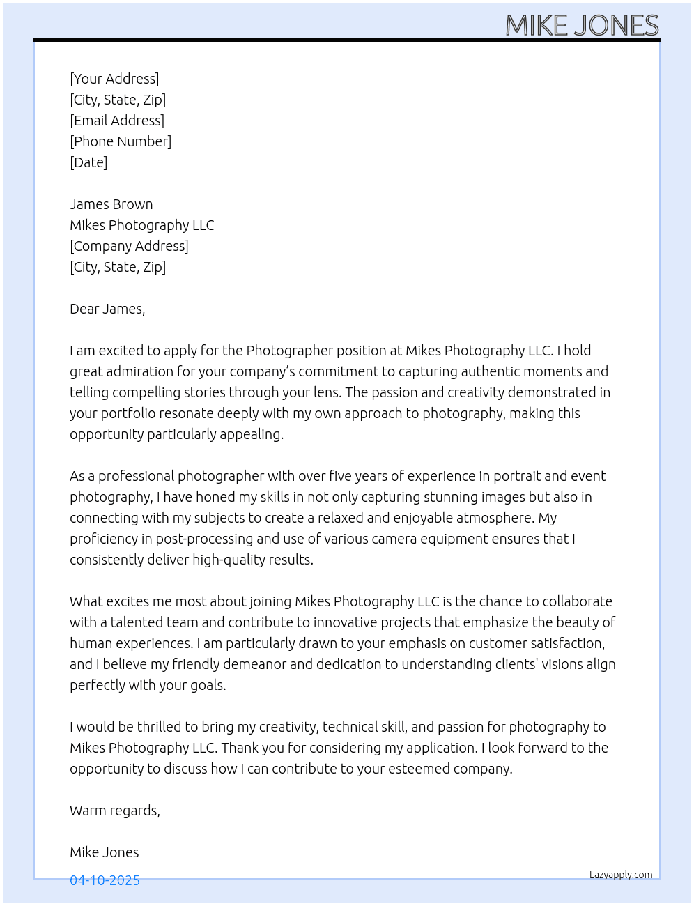 Cover letter for photographer - LazyApply
