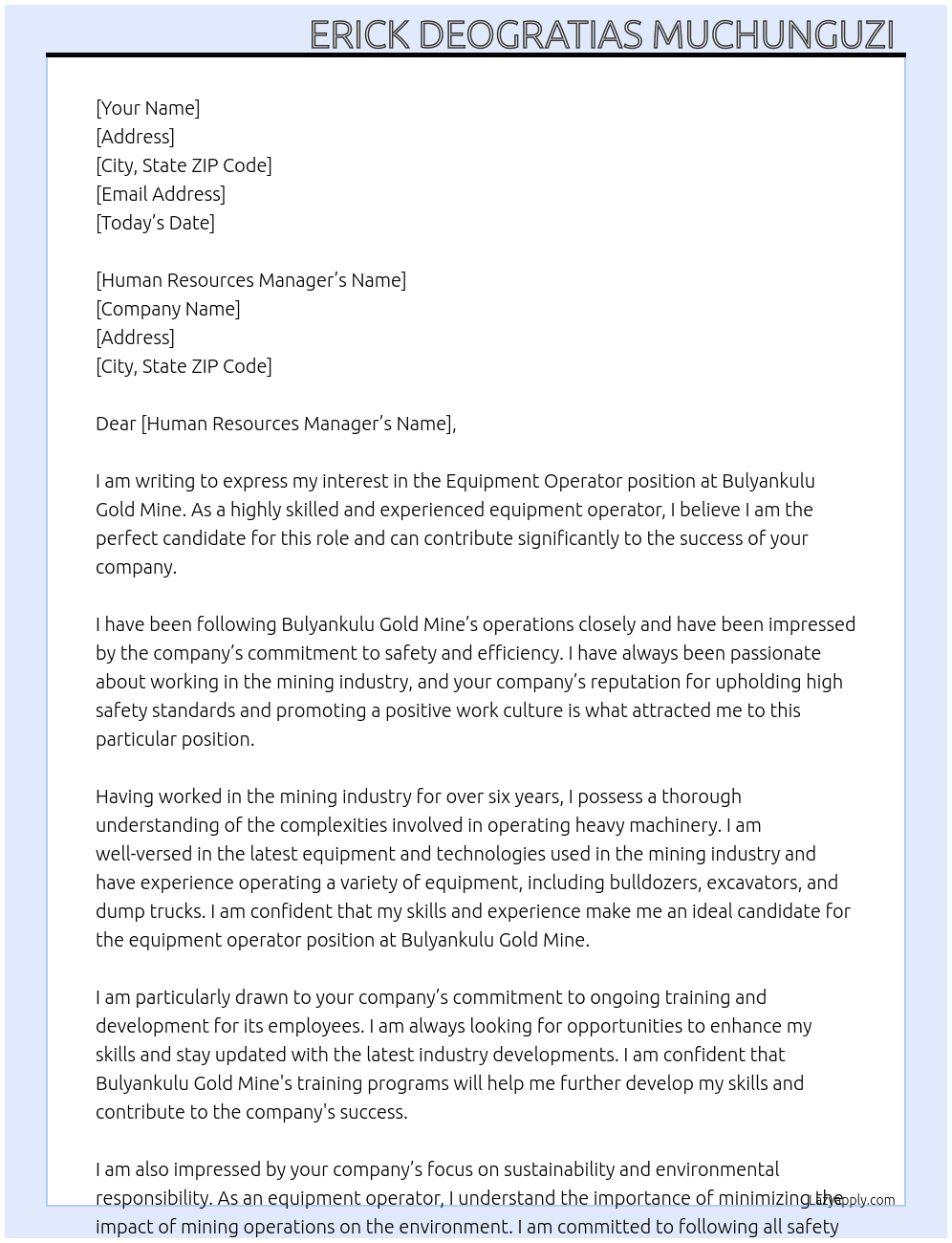 Equipment operator  At Bulyankulu gold mine Cover Letter