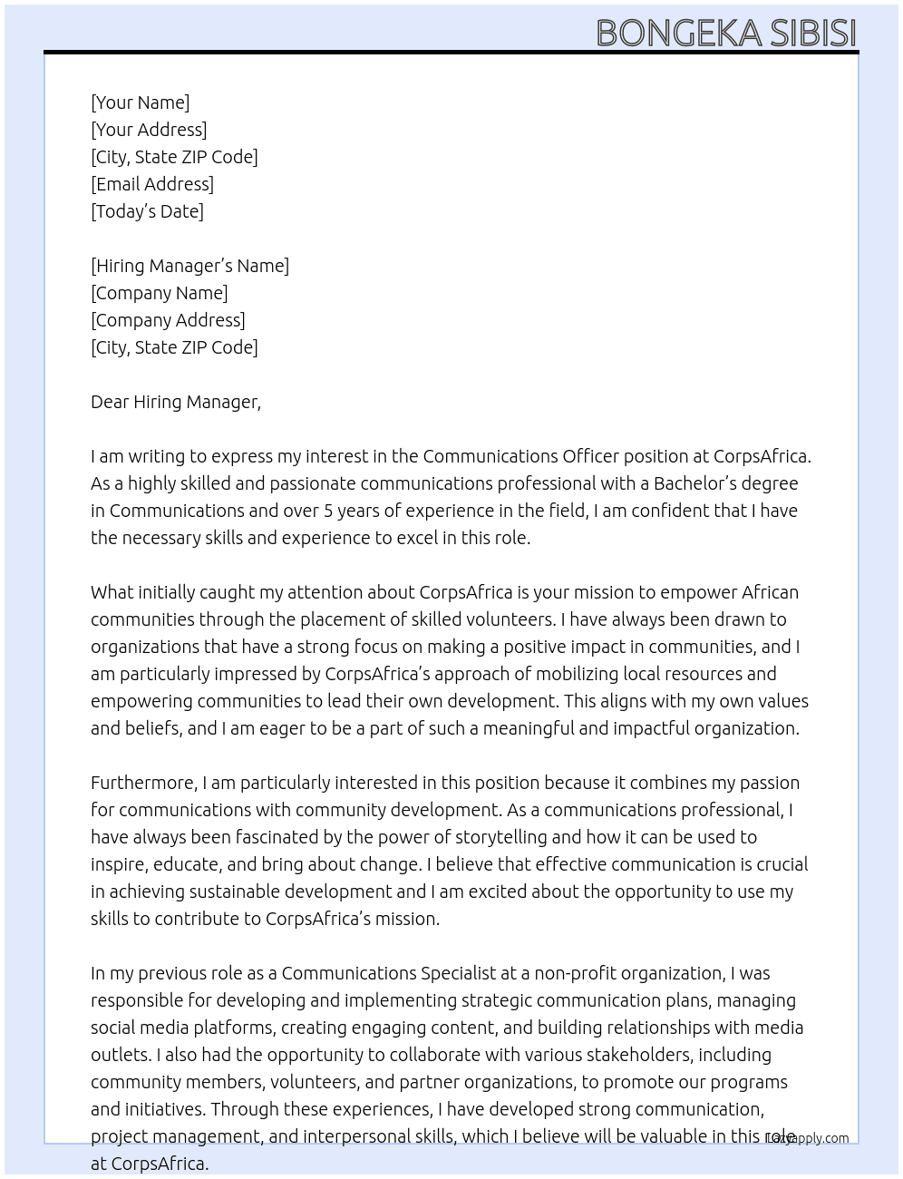 Communications Officer At CorpsAfrica Cover Letter