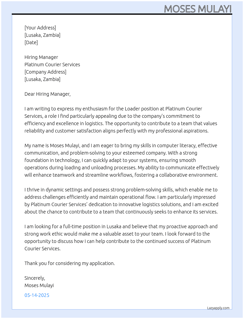 Loader  At Platinum Courier Services  Cover Letter