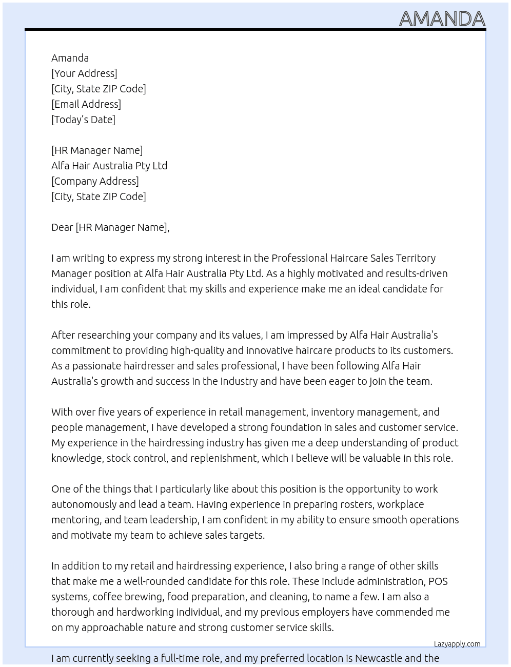 Professional Haircare Sales Territory Manager At Alfa Hair Australia Pty Ltd Cover Letter