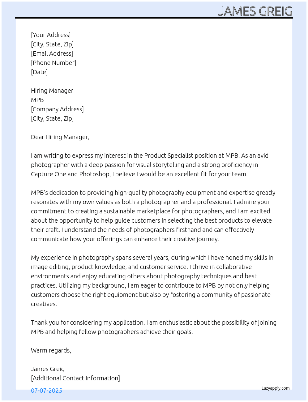 Product specialist  At MPB Cover Letter