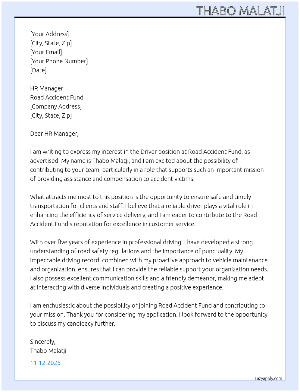 Driver At Road Accident Fund Cover Letter