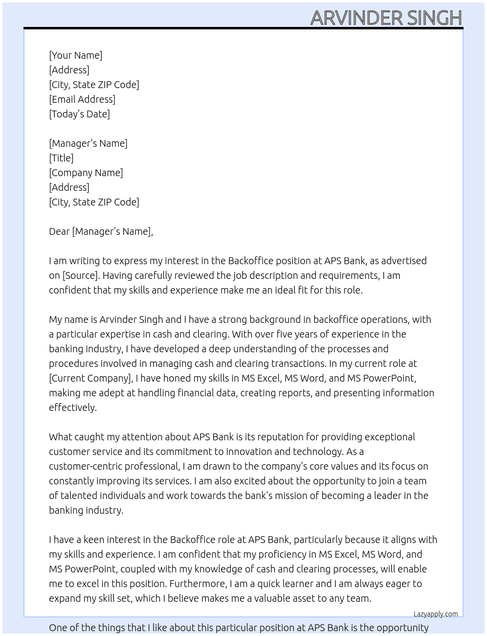 Backoffice  At APS Bank Cover Letter