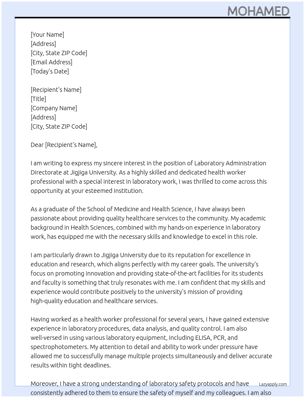 university laboratory working center as health worker professional at the school  of medicine and health science  At jigjiga university Cover Letter