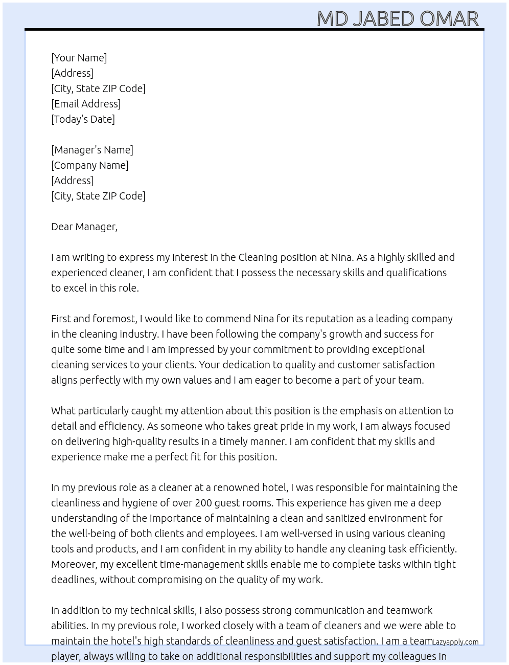 Cleaning  At Nina Cover Letter