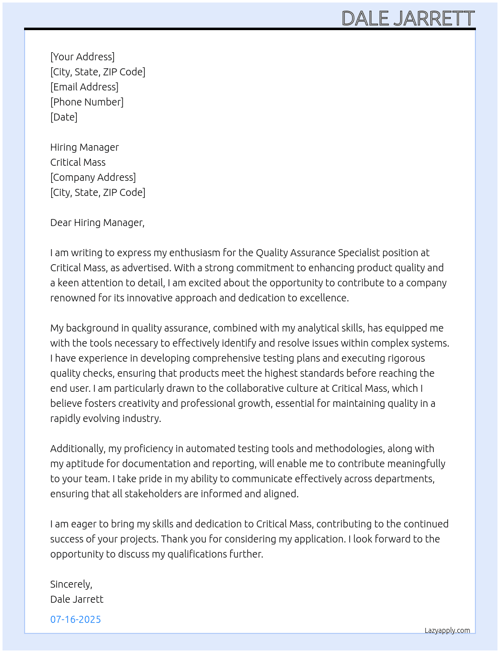 Quality Assurance Specialist At Critical Mass Cover Letter