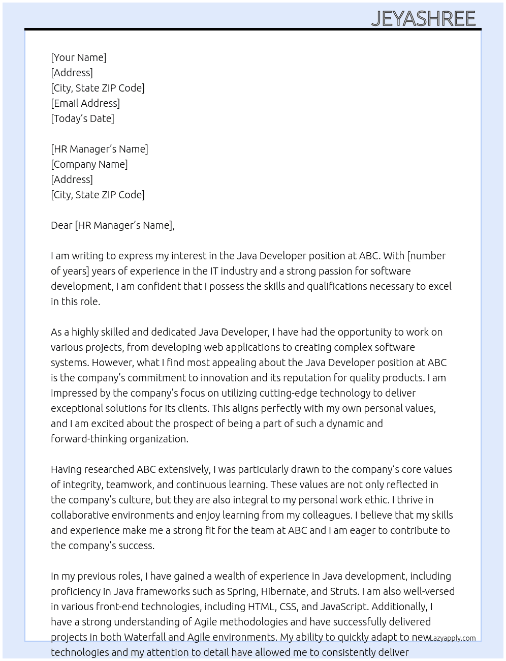 Java developer  At ABC  Cover Letter