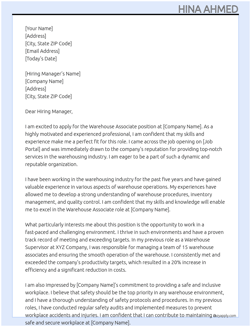 Warehouse Associate  At Warehouse Associate  Cover Letter