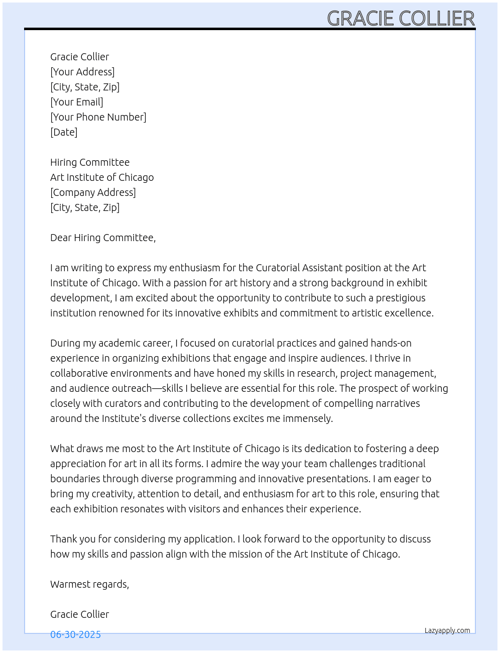 Curatorial Assistant At Art Institute of Chicago Cover Letter