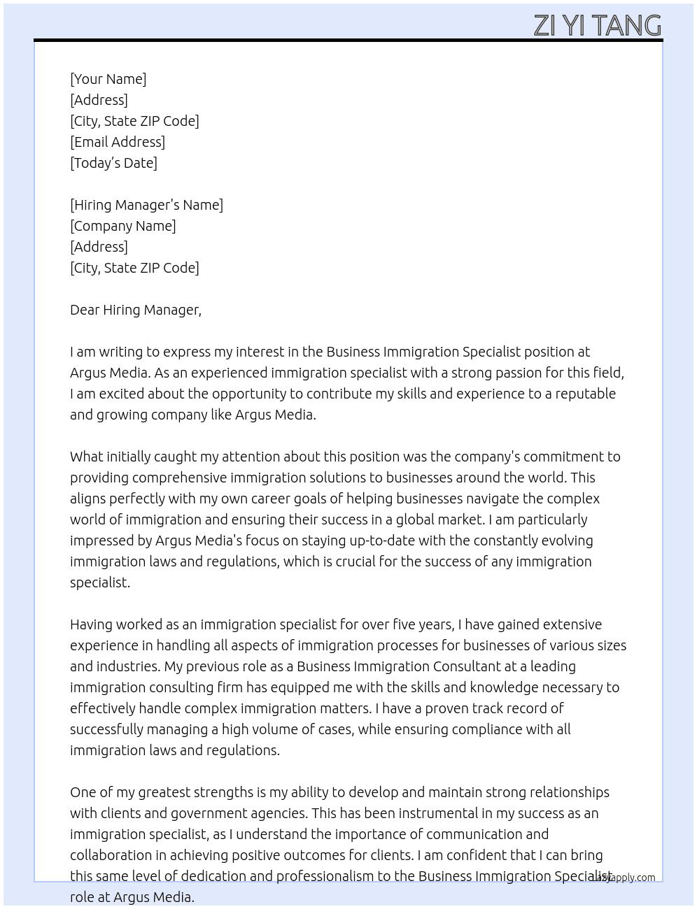 Business Immigration Specialist At Argus Media Cover Letter