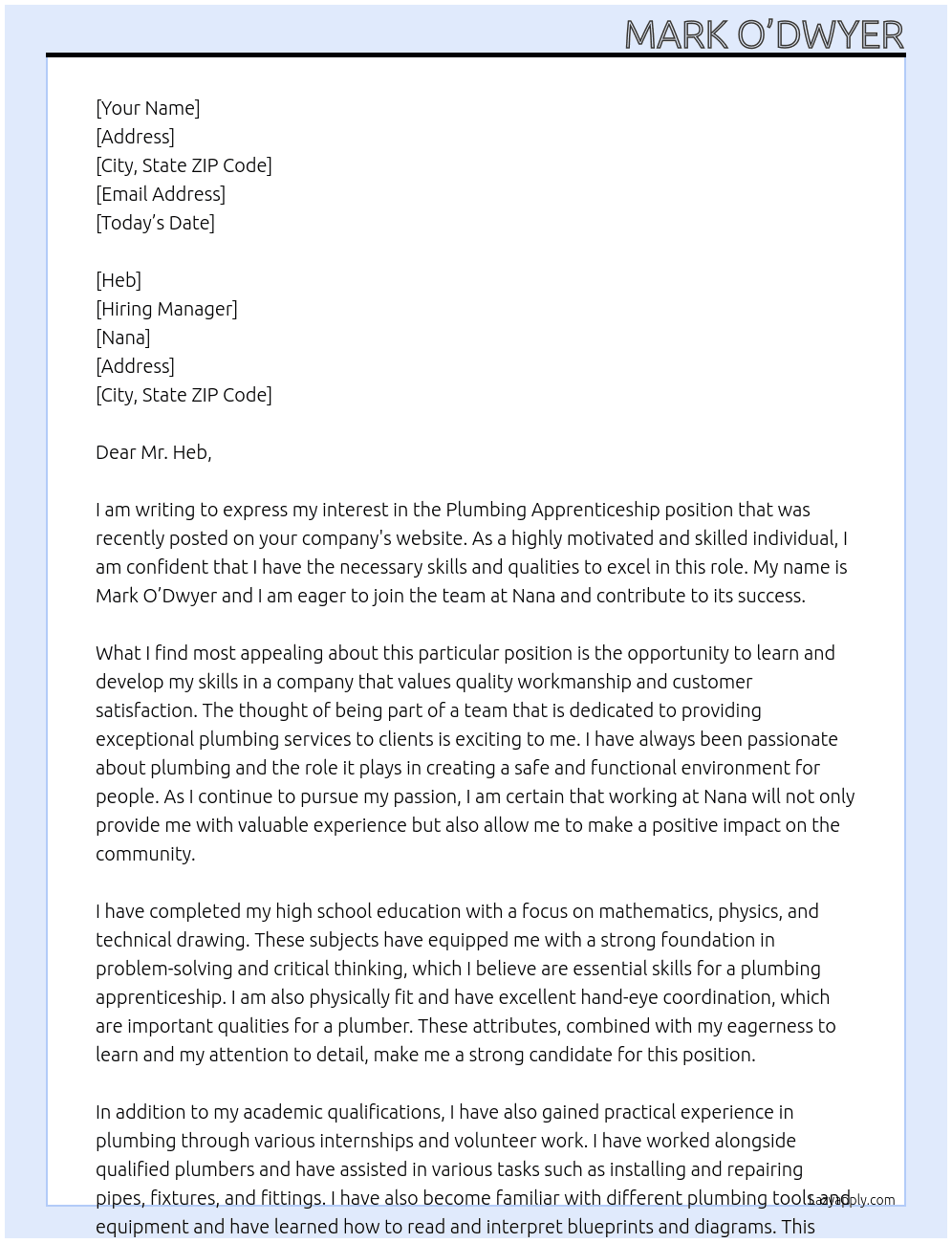 Cover letter for plumbing apprenticeship - LazyApply