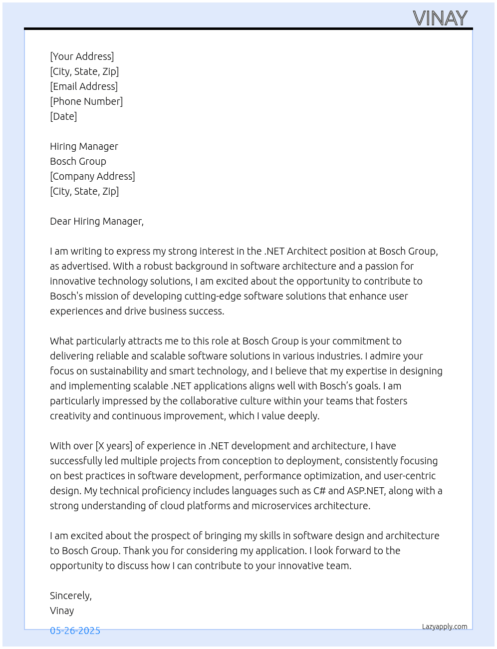 .net architect At Bosch Group Cover Letter