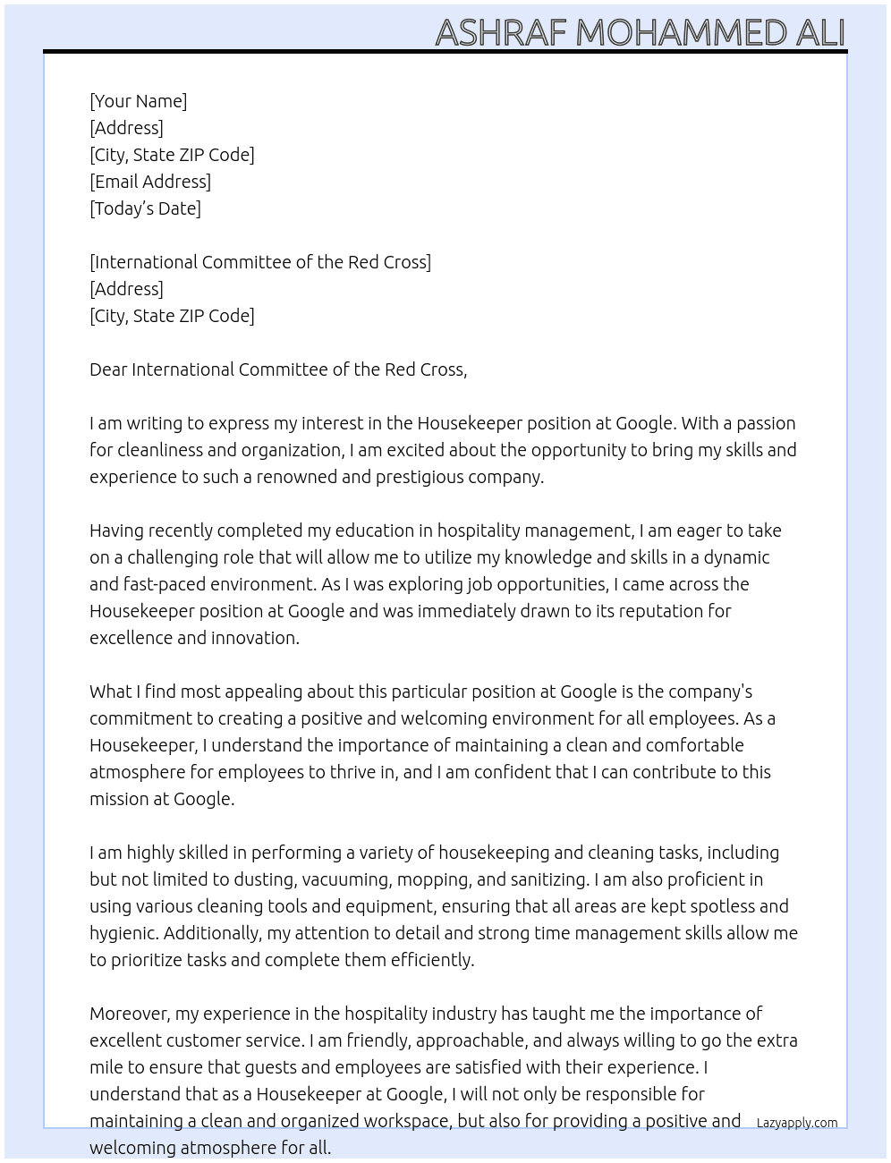 Housekeeper At google Cover Letter