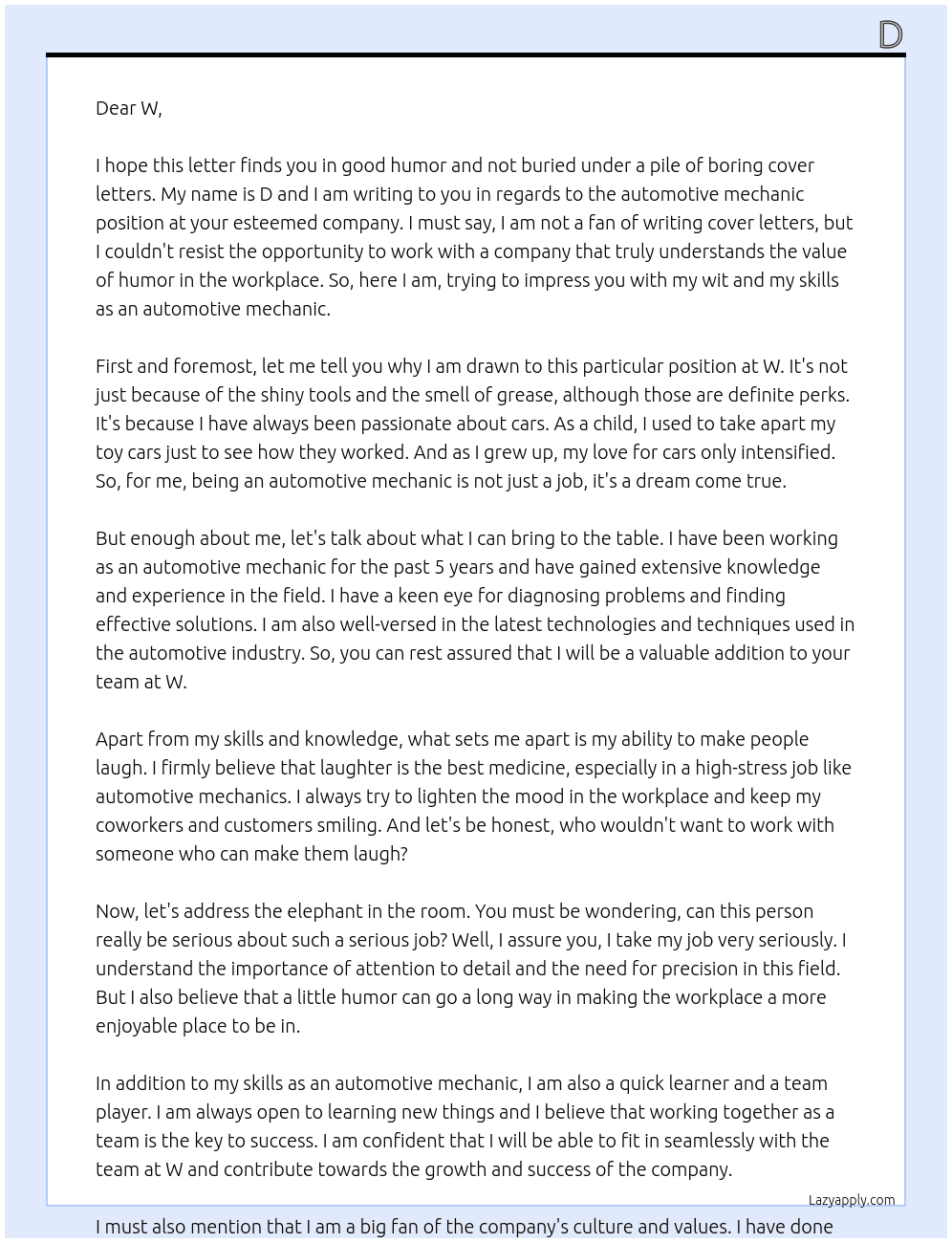 automotive mechanic At w Cover Letter