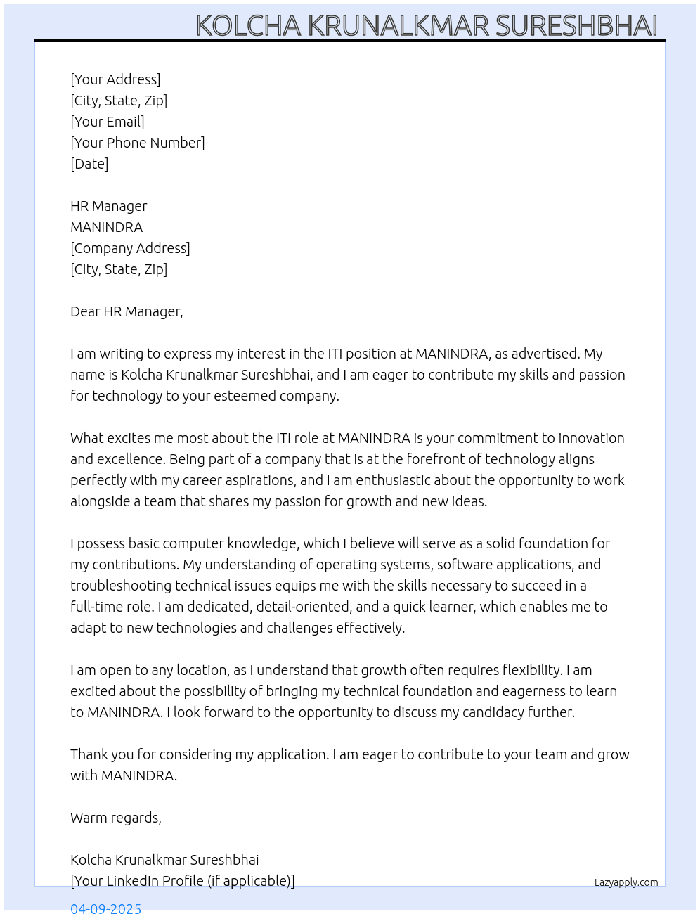 ITI At MANINDRA  Cover Letter