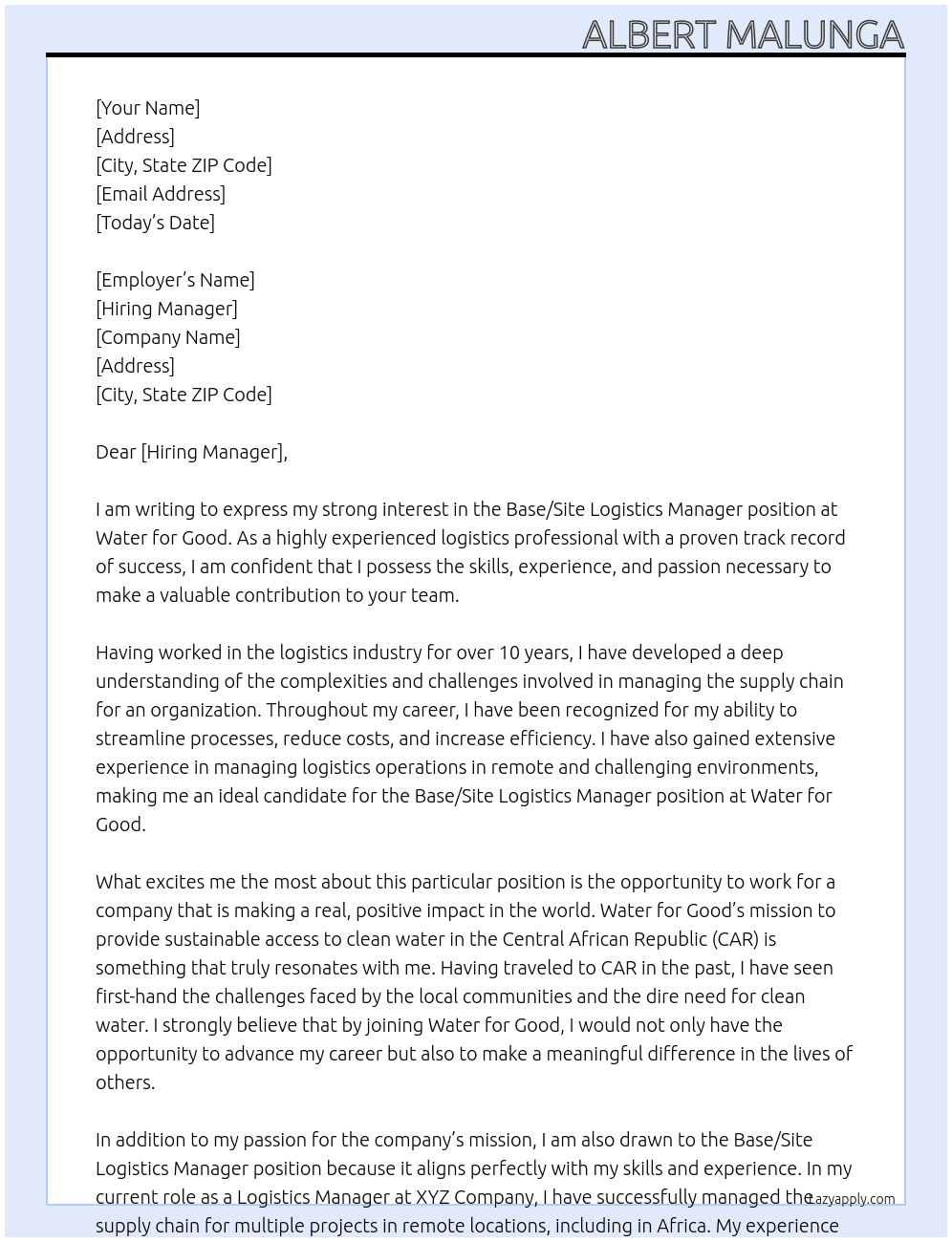 Base/Site Logistics Manager At Water for Good Cover Letter