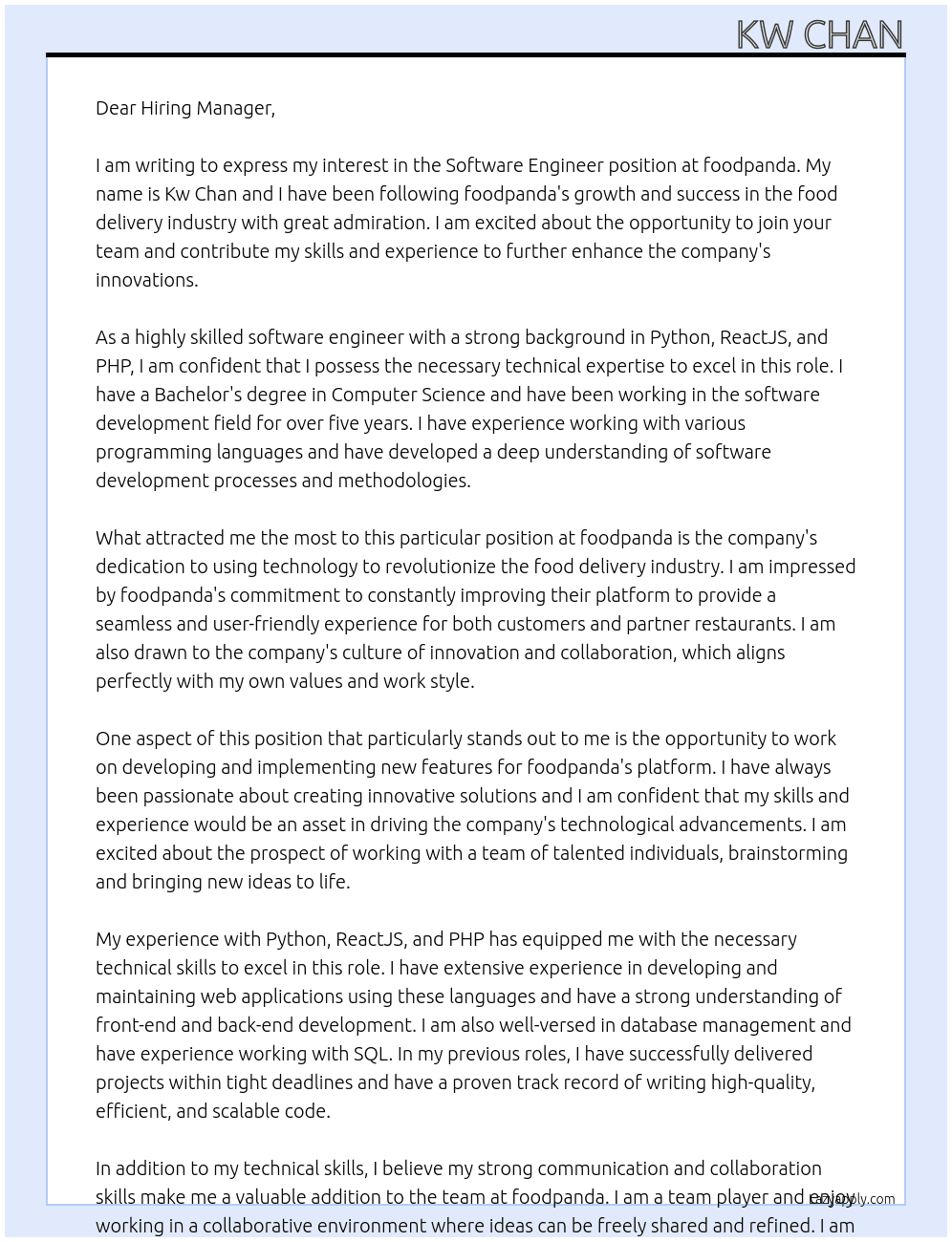 software engineer At foodpanda Cover Letter