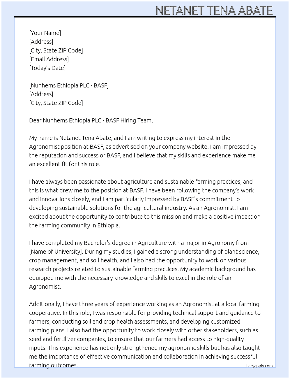 Agronomist At BASF Cover Letter