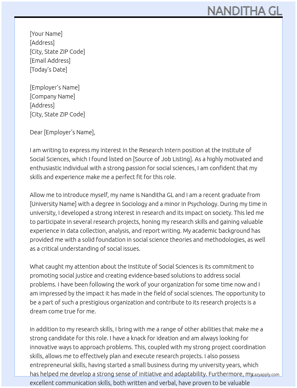 RESEARCH INTERN At INSTITUTE OF SOCIAL SCIENCES Cover Letter