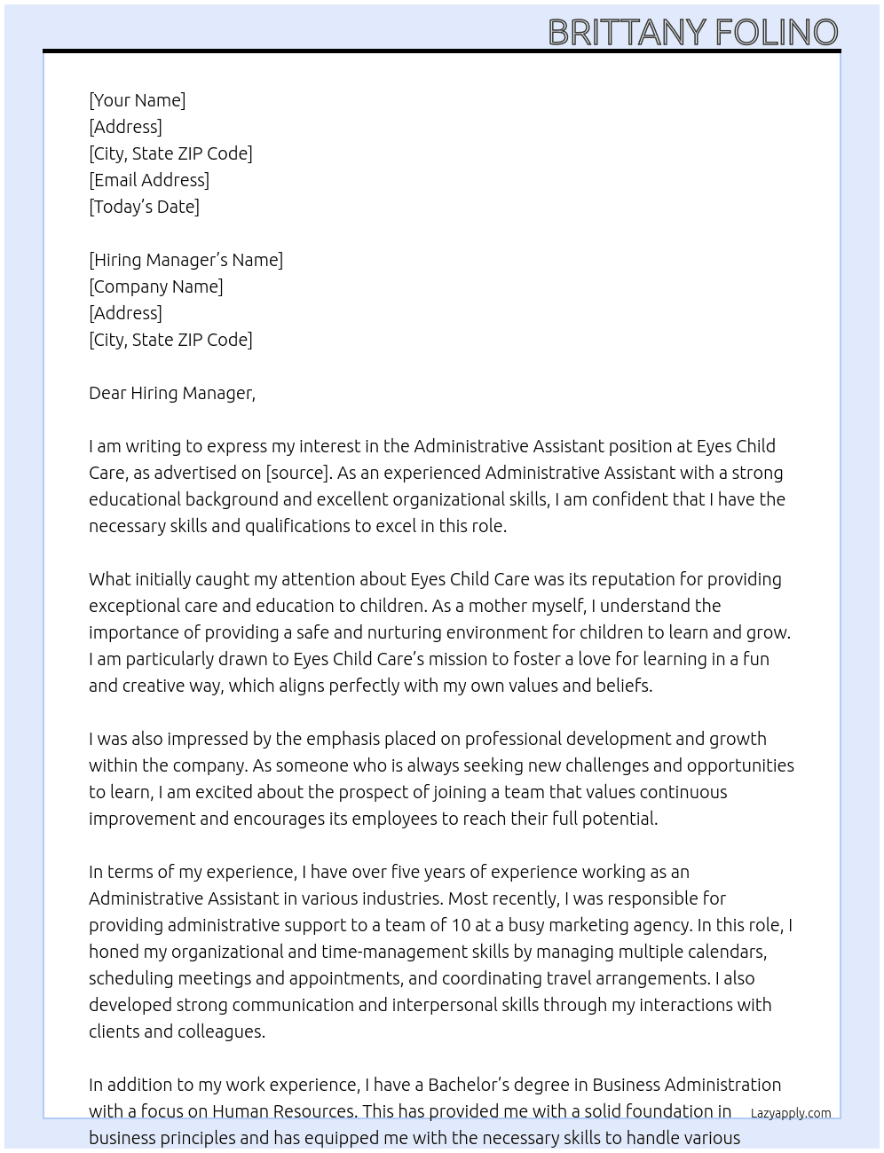 Administrative Assistant  At Eyes Child Care Cover Letter