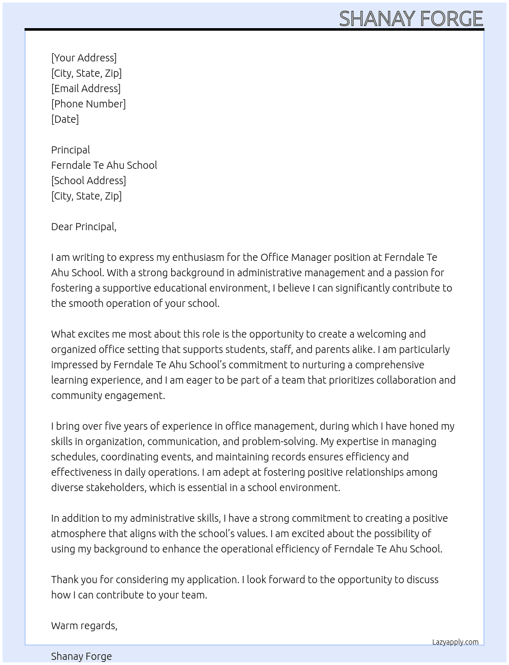 Office Manager At Ferndale Te Ahu Shcool Cover Letter