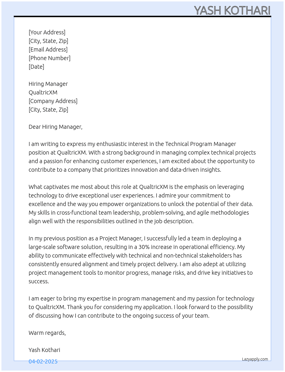 Technical Program Manager At QualtricXM Cover Letter