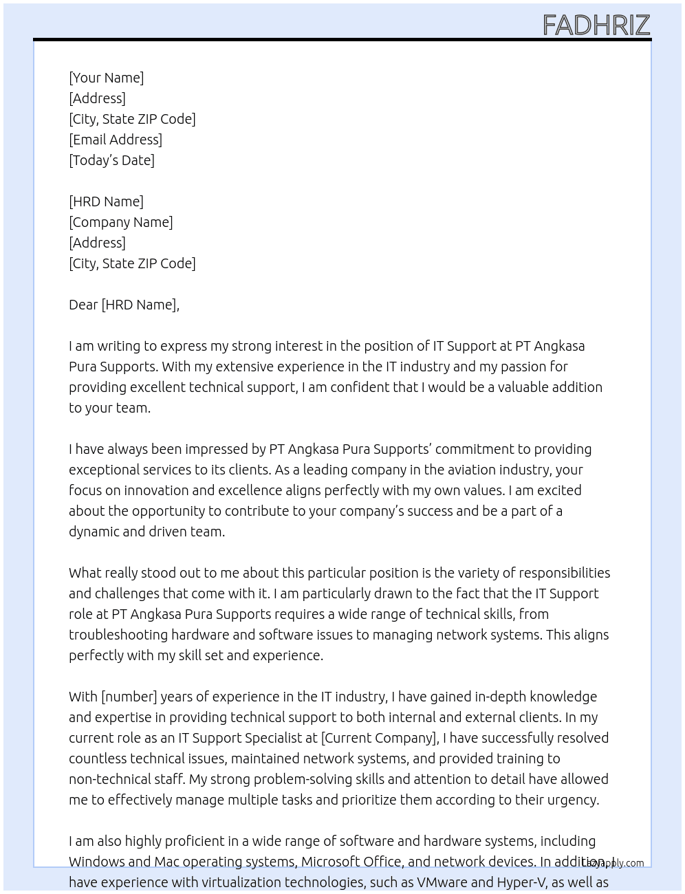 IT Support At PT Angkasa Pura Supports Cover Letter