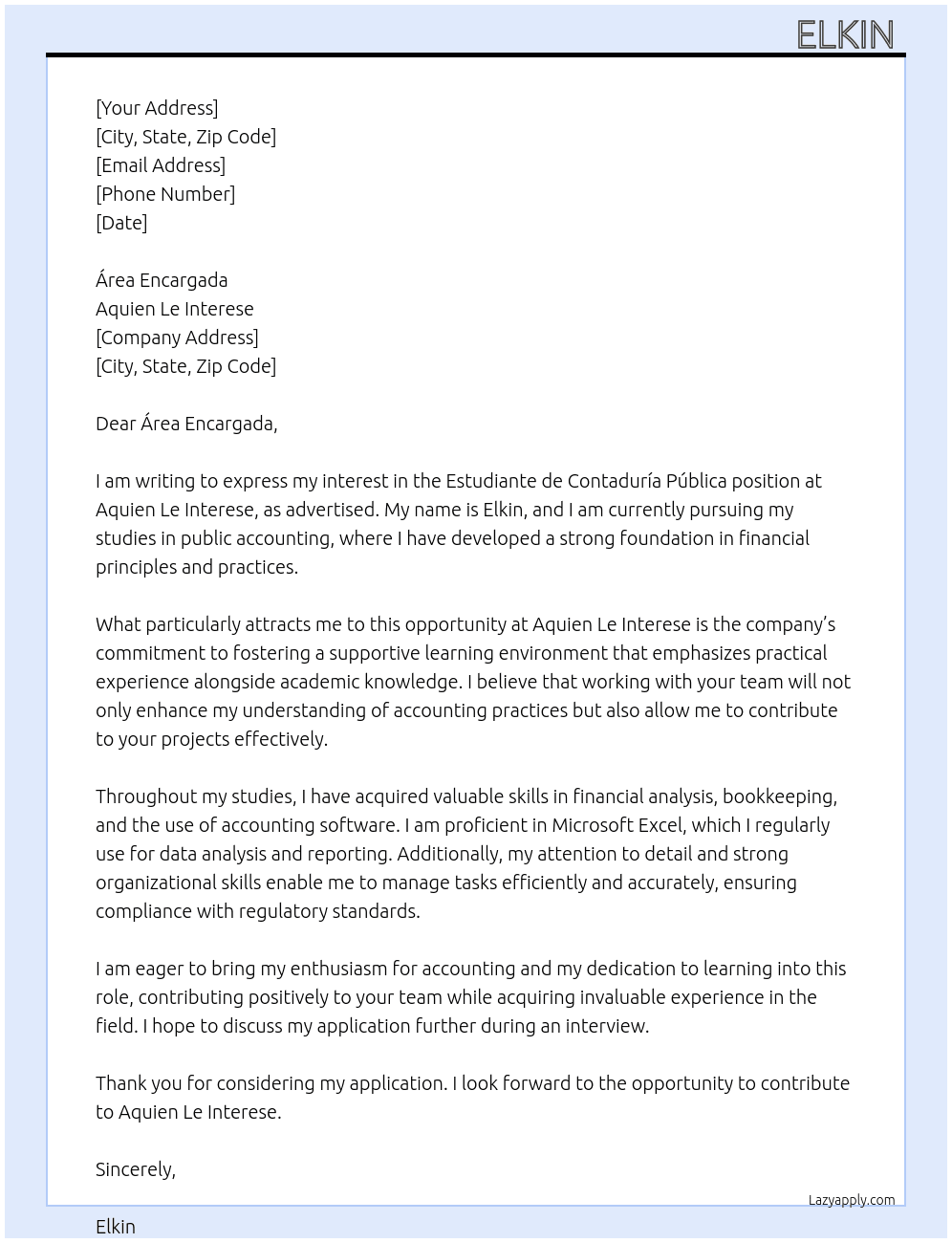 Estudiante de Contaduria publica At aquien le interese Cover Letter