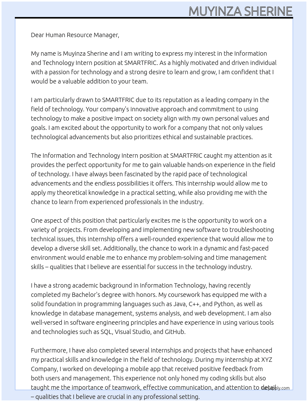 information and technology intern At SMARTFRIC Cover Letter
