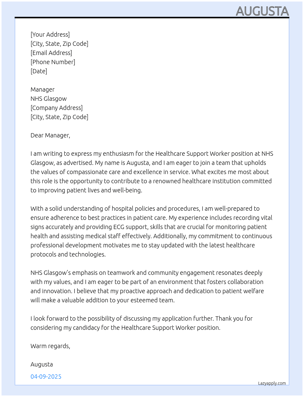 Healthcare support worker At NHS Glasgow  Cover Letter