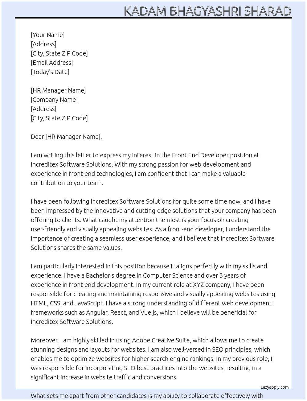Front end developer  At Increditex software Solutions  Cover Letter