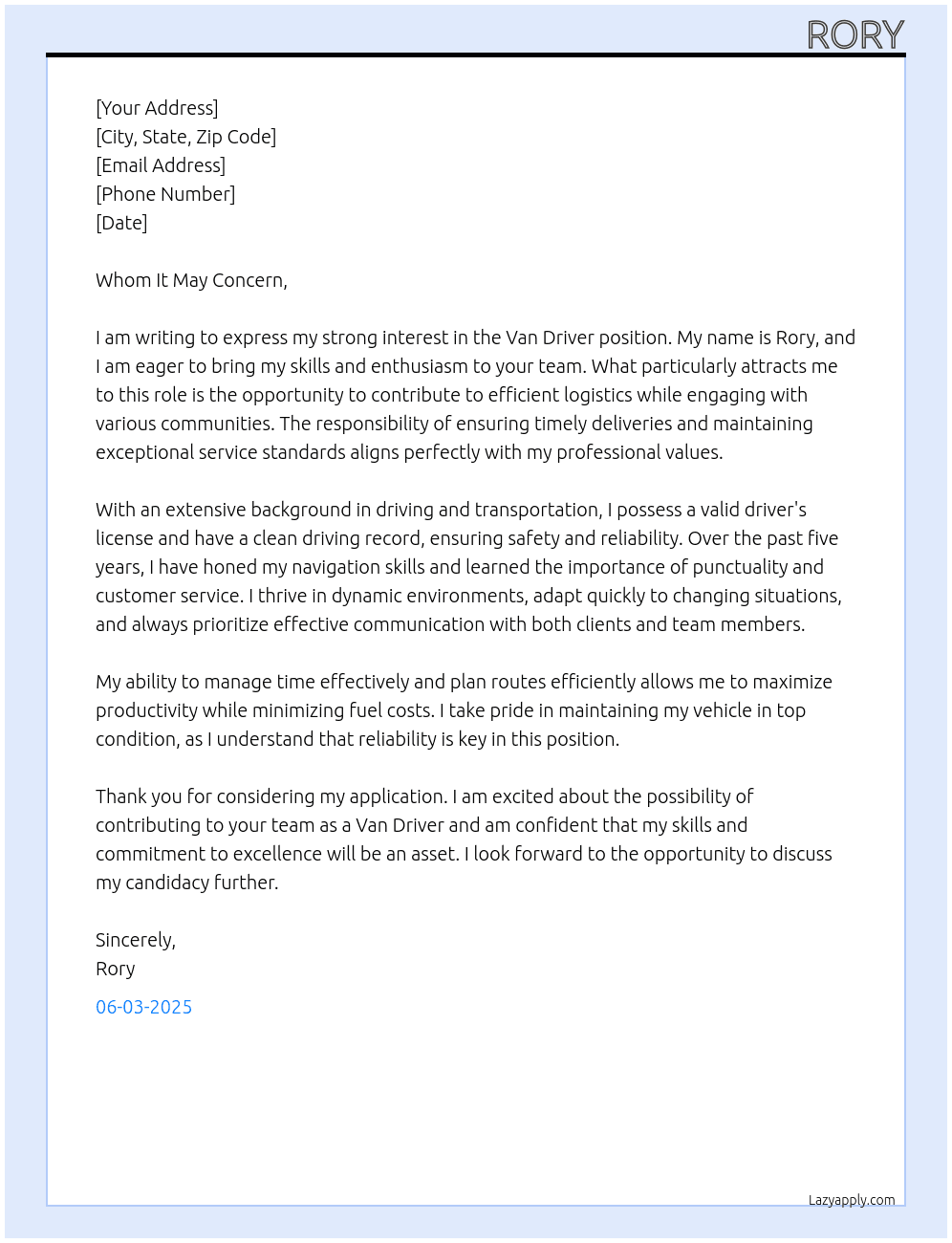 VAN DRIVER At na Cover Letter