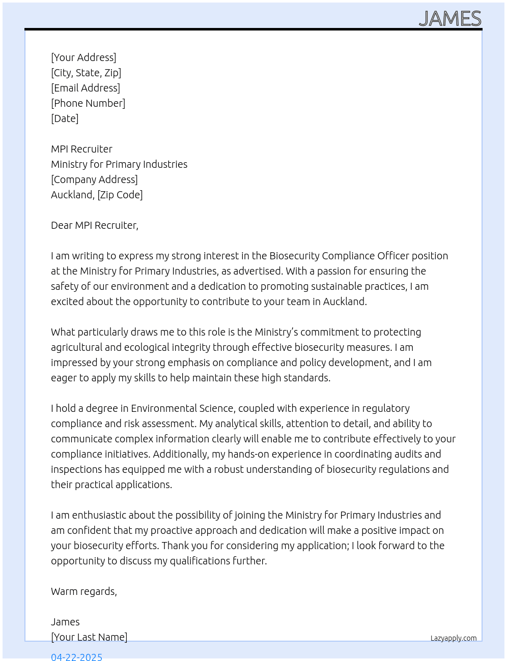 Cover letter for biosecurity compliance officer - LazyApply