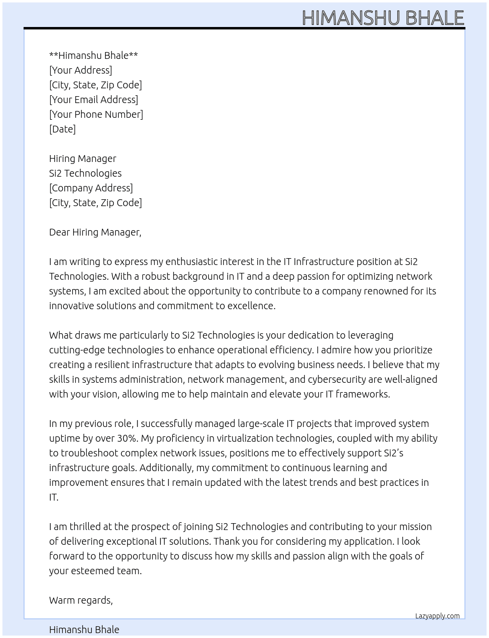 It infrastructure  At Si2 technologies  Cover Letter