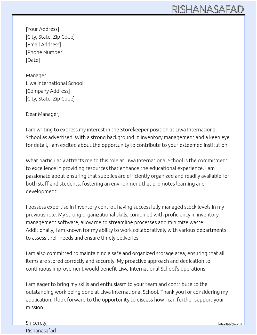 Storekeeper  At Liwa international school career Cover Letter