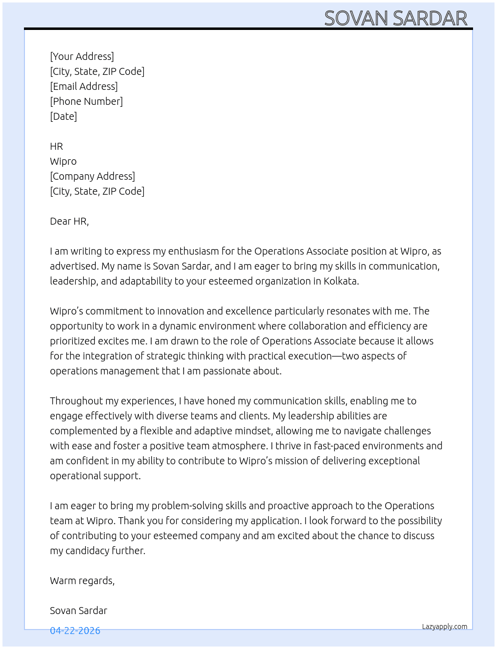 Operations associate  At Wipro  Cover Letter