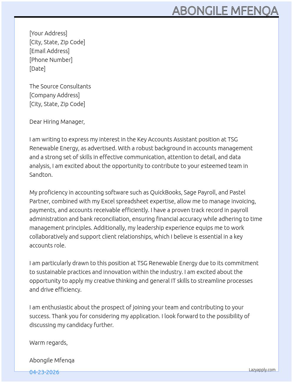 Key Accounts Assistant At Tsg renewable energy Cover Letter