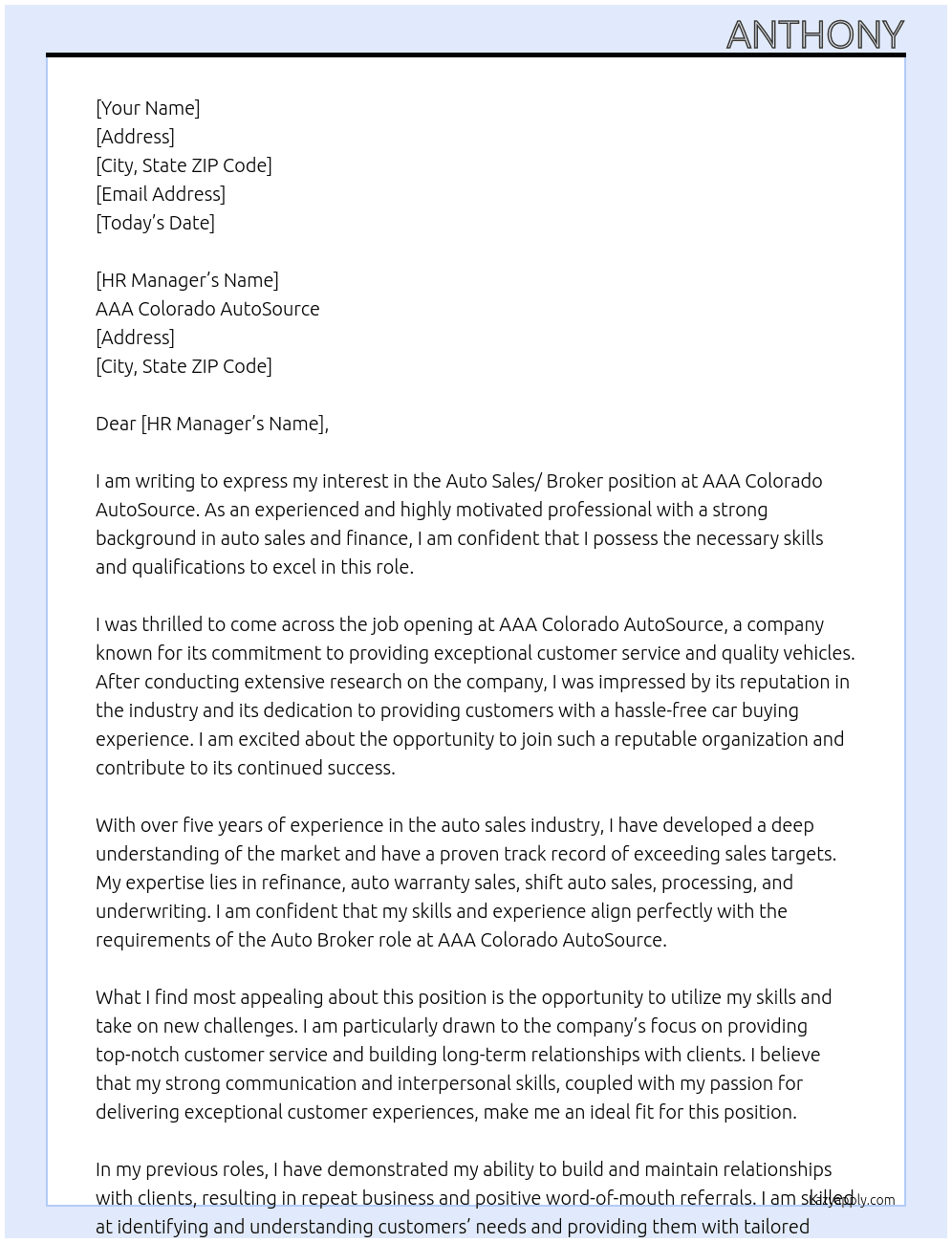 Auto Sales/ Broker At AAA Colorado AutoSource Cover Letter