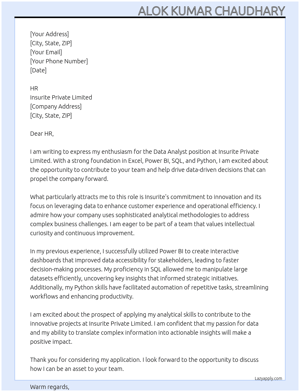data analyst At Insurite Private Limited Cover Letter