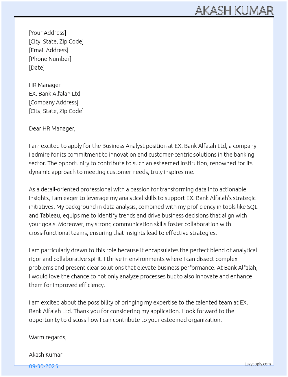 business analyst  At EX. BANK ALFALAH LTD Cover Letter