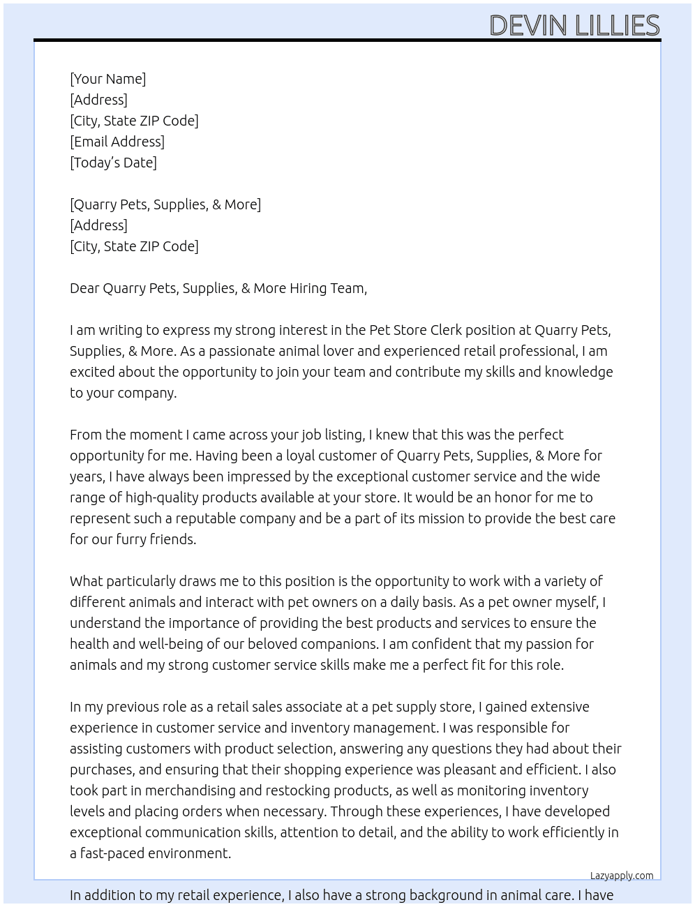 Pet Store Clerk At Quarry Pets, Supplies, & More Cover Letter