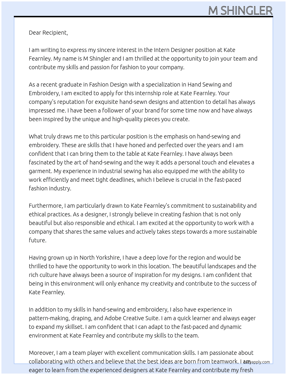 Cover letter for intern designer - LazyApply