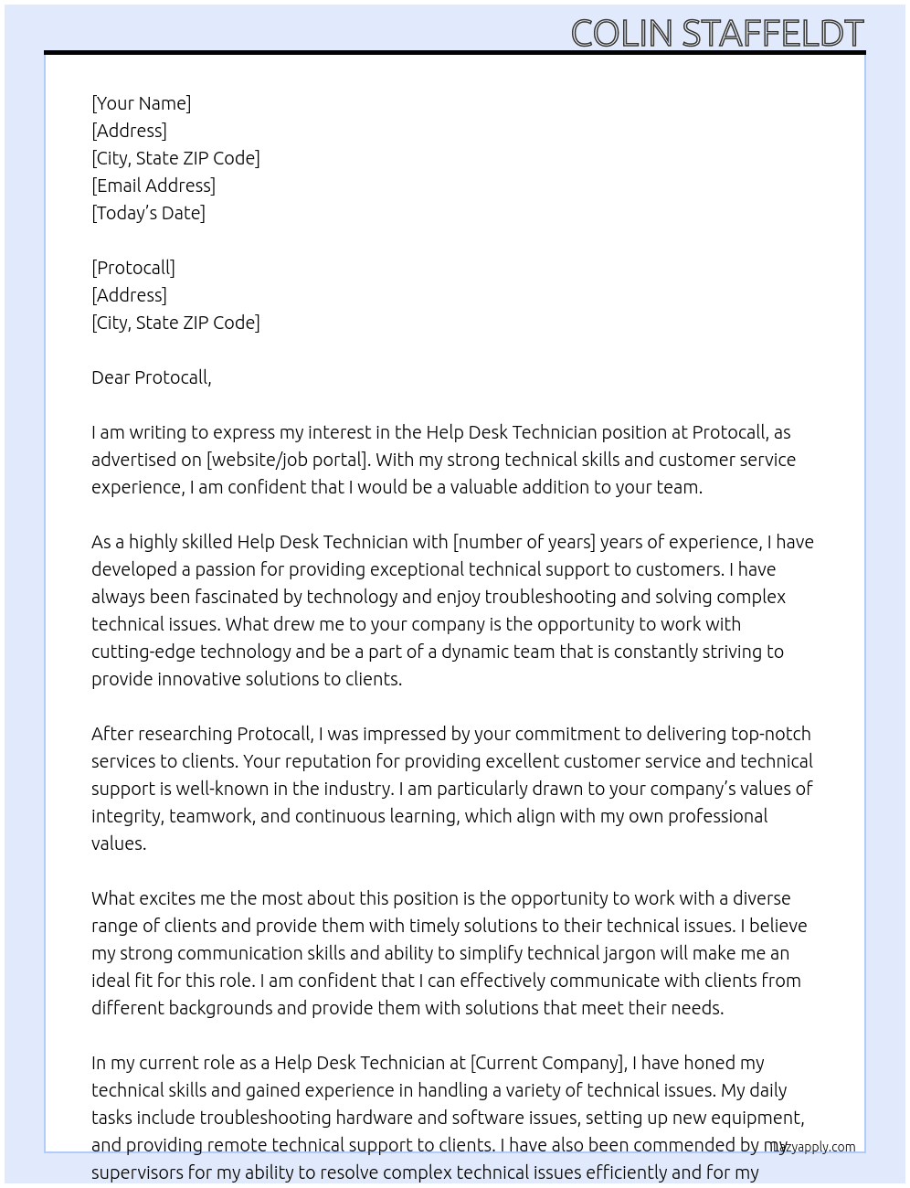 Help desk Technican At Protocall Cover Letter