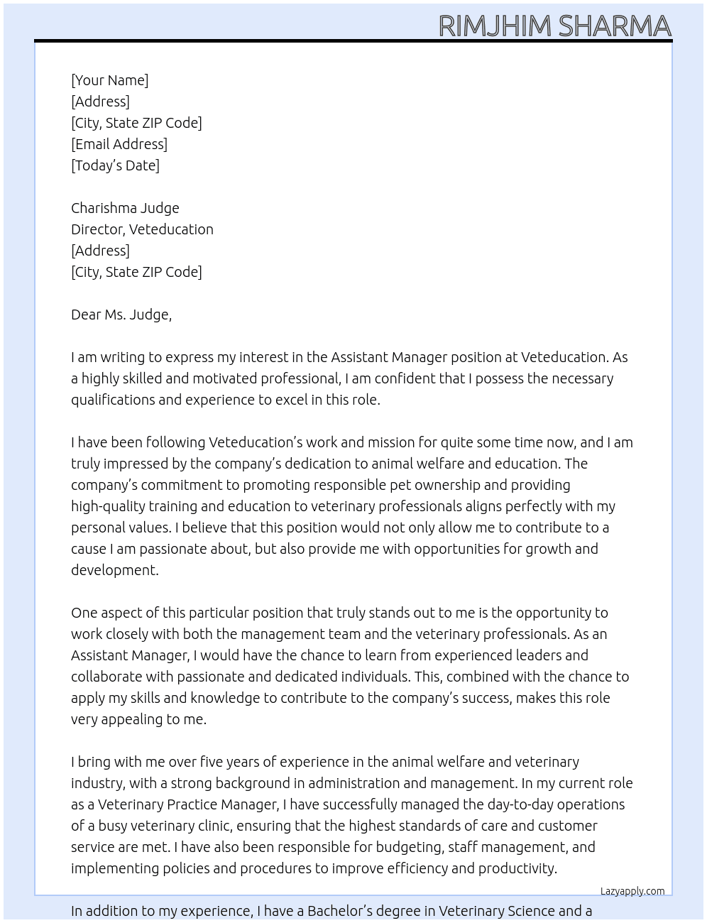 Assistant Manager At Veteducation Cover Letter