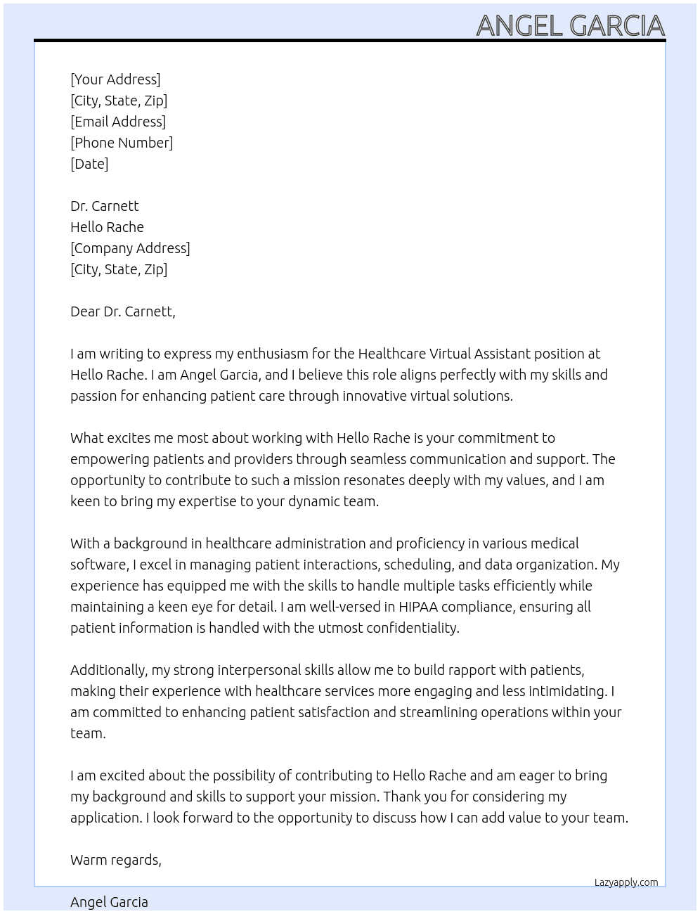 healthcare virtual assistant At hello rache Cover Letter