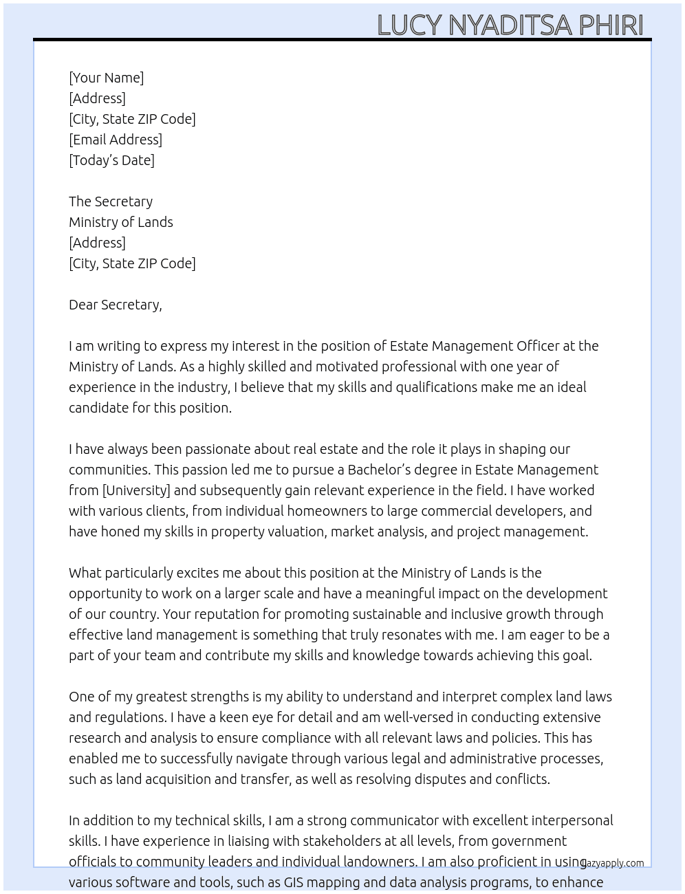 Cover letter for estate management officer - LazyApply