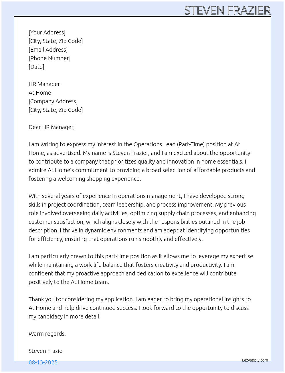 Operations Lead (Part-Time) At At Home Cover Letter